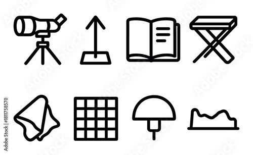 Set of eight minimalist icons featuring telescope and grid in black on patterned background