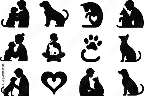 Pet Love Silhouette Set – Dogs, Cats, Paw Print, Owners With Pets and Heart Animal Icons