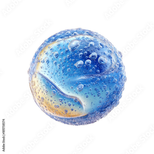 A cell or planet with water bubbles and blue gold