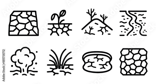 Drought and soil degradation icons: cracked earth, dry plants, erosion