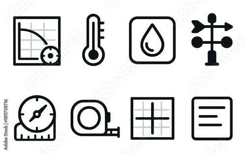 Monochrome weather and measurement symbols on black background