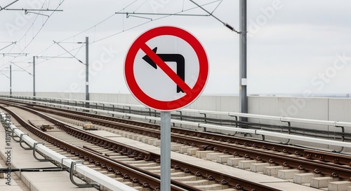 Train Tracks With No Left Turn Sign Displaying Restrictions For Safety and Awareness