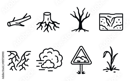 Drought icons: dry branches, cracked soil, barren landscape, weather signs