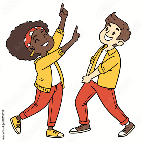 "A pair of professional cartoonists — an African woman and a Caucasian man — smiling and making the hang loose gesture together, isolated against a white background."