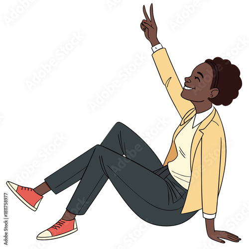 "Black female executive in cartoon depiction sitting on the floor, giving a thumbs-up and smiling, isolated against a white background, wearing modern corporate attire."