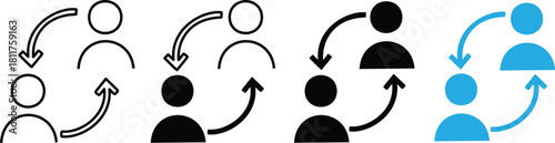Replace Person Icons. Personnel Exchange Symbols. Reciprocal arrow people icon sign. User staff rotation icon set. Two people exchanging information on Transparent Background. 

