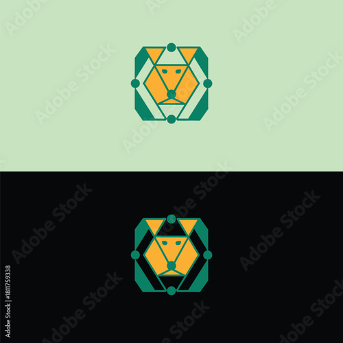 Geometric lion logo design in vibrant green and gold, perfect for modern brands seeking a strong, memorable identity, ideal for tech startups and creative agencies