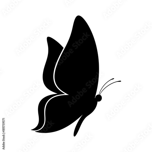 Hand drawn silhouette of a butterfly in flight simple black and white insect graphic