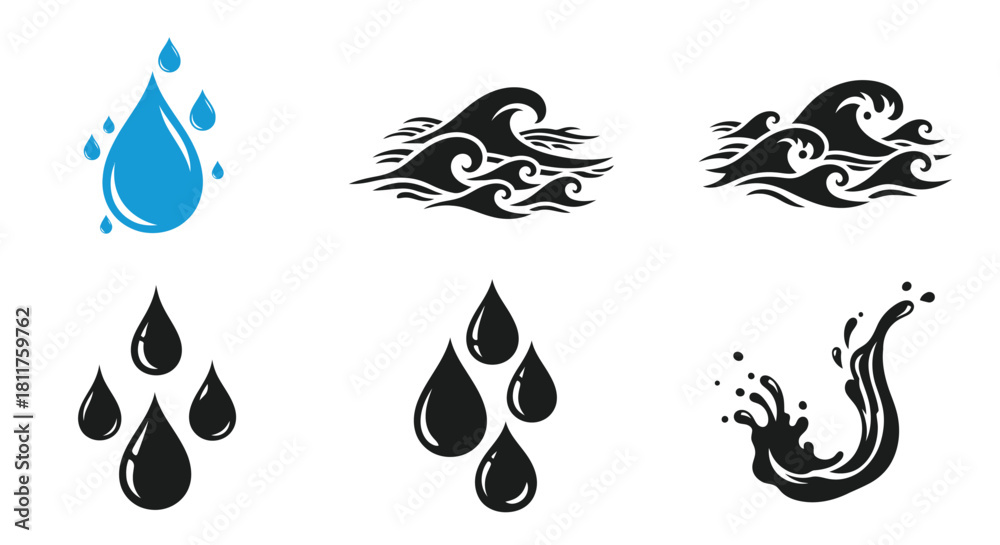 Naklejka premium Stylized water droplet and wave illustrations in black and blue tones