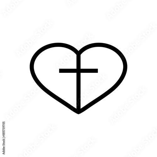 Church heart icon with religious cross. Outline vector illustration.