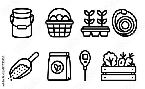 Gardening tools icons: basket, seedlings, thermometer, compost, vegetables