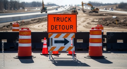 Truck Detour Sign At Highway Construction Site, Showing Directions for Traffic Flows