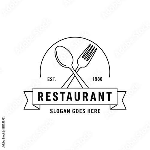 Classic restaurant logo design spoon fork crossed emblem with banner text for food establishments