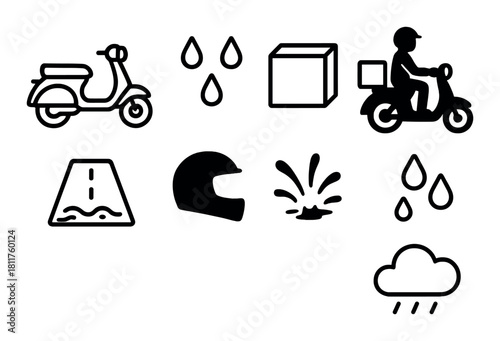 Motorcycle safety: rainy weather riding icons and gear precautions