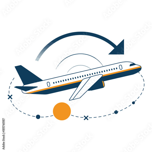 Airplane in flight with circular motion and clock elements
