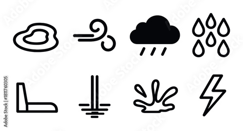 Weather and element icons: cloud, wind, rain, water droplets, light, earth, splash, lightning