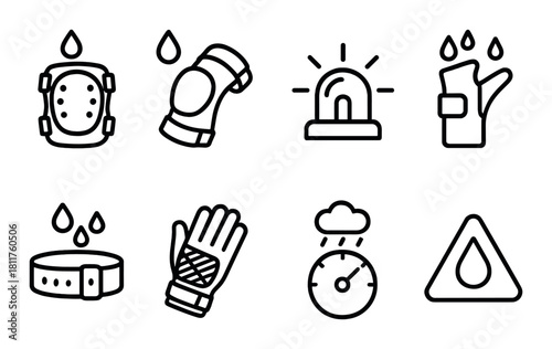 Weatherproof outdoor gear icons: knee pad, elbow pad, siren, rain glove, belt, waterproof glove, rain gauge, water alert