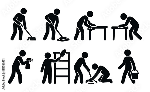 Silhouette figures engaged in various cleaning tasks on brown background