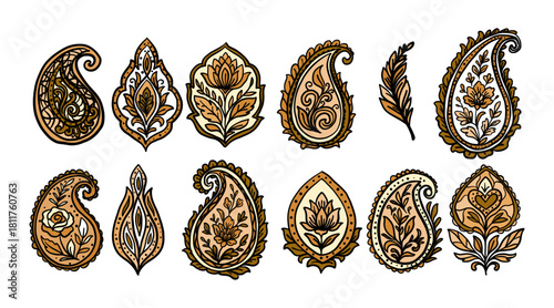 Brown ornamental set of paisley and buta elements