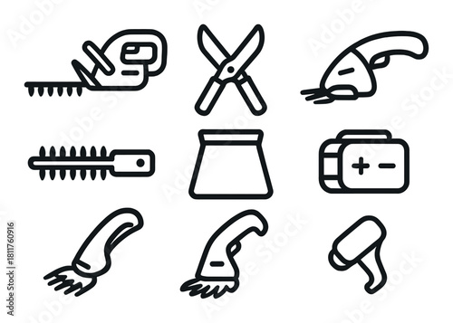 Black and gray garden tools icons on textured background