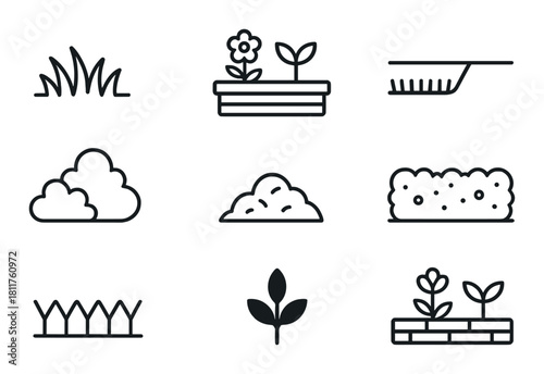 Garden and plant icon set featuring grass, flowers, and bushes on dark background