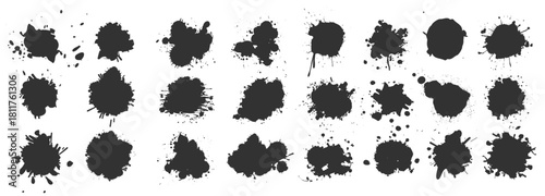 Black ink splatters, paint blots, abstract grunge spots, splash and drip shapes on transparent background