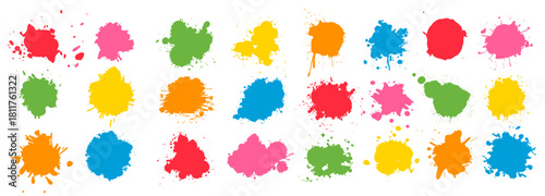 Color ink splatter splash paint stain set with bright abstract drops and messy artistic shapes in vivid graphic style on transparent background