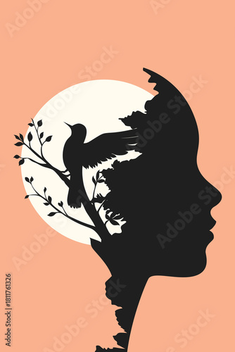 Silhouette illustration of a woman’s profile blended with a bird on a blooming branch, symbolizing inner freedom, healing, nature, and emotional growth in a serene, poetic composition.