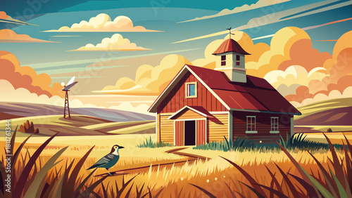 Very beautiful scenic view of a traditional barn standing amid prairie grasslands in eastern North Dakota, with a Killdeer bird nearby and wide open skies, capturing the tranquil charm of rural Americ