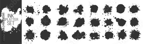 Ink splatter splash blot stain grunge shapes set, abstract paint drops and messy artistic elements in rough graphic style on transparent background