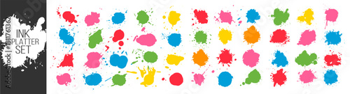 Color ink splatters, paint blots, abstract grunge spots, splash and drip shapes on transparent background