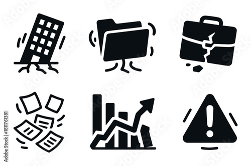 Icons representing business challenges and data trends on dark background