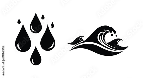 Black and white illustration featuring water drops and a stylized ocean wave