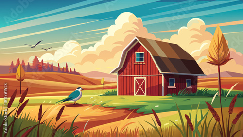 Very beautiful scenic view of a traditional barn standing amid prairie grasslands in eastern North Dakota, with a Killdeer bird nearby and wide open skies, capturing the tranquil charm of rural Americ