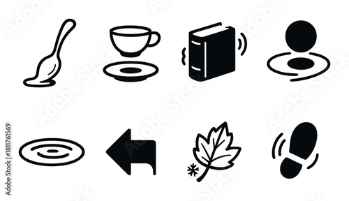 Silhouette icons of spoon, cup, book, sound waves, leaf, arrow, circle, and footprints