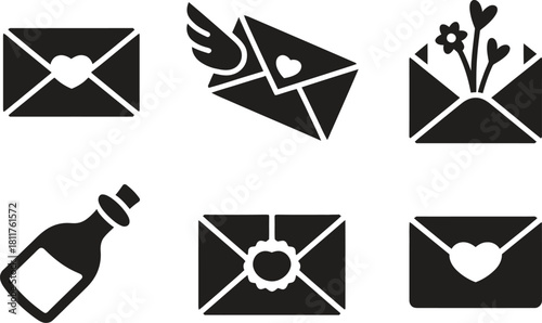 Love Letter Icons – Romantic Envelopes with Wings, Flowers, Heart Seal and Message Bottle