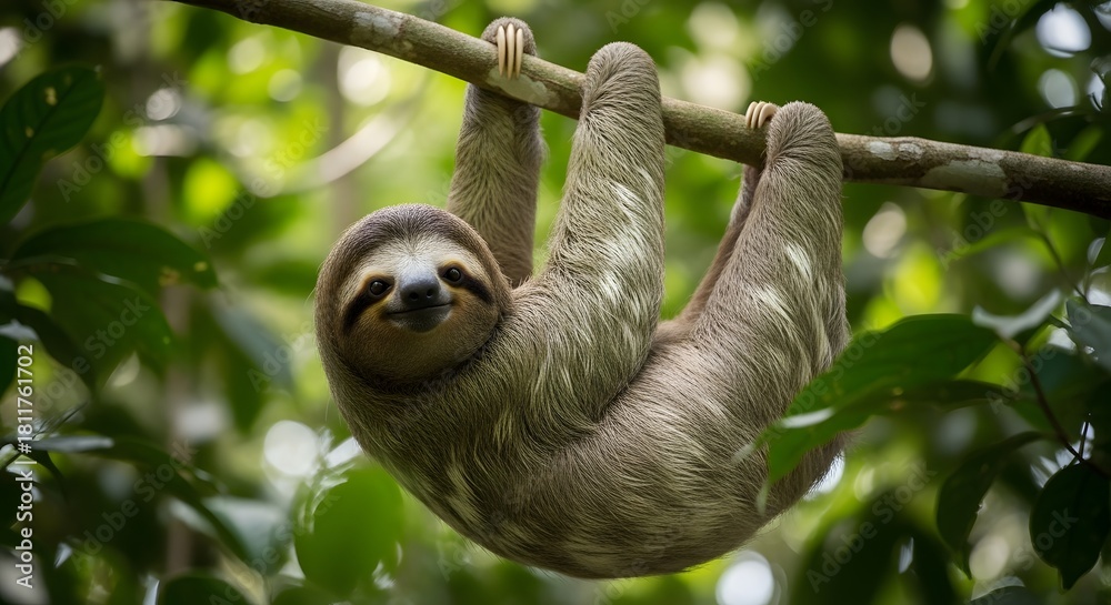 Naklejka premium Three toed sloth hanging upside down from a branch in costa rica