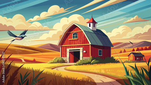 Very beautiful scenic view of a traditional barn standing amid prairie grasslands in eastern North Dakota, with a Killdeer bird nearby and wide open skies, capturing the tranquil charm of rural Americ