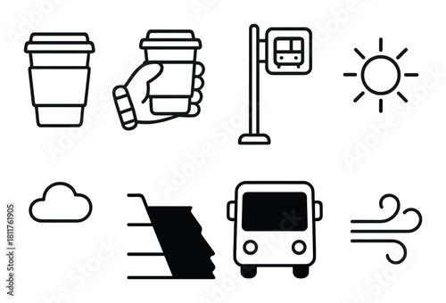 Coffee, transportation, and weather icons in minimalist design
