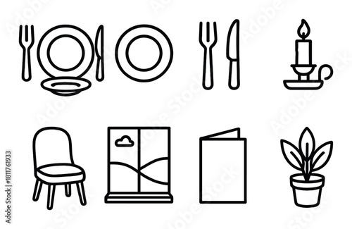 Elegant dining and home decor icons set with plate, cutlery, candle, chair, and plant