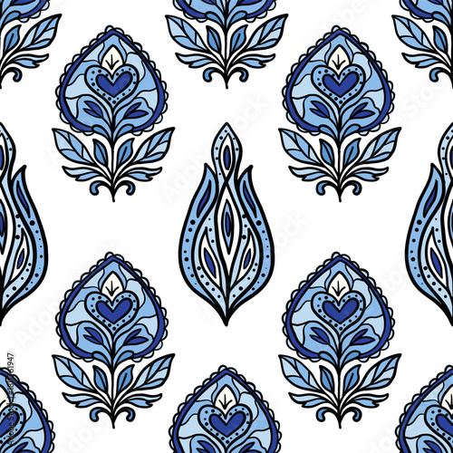 Blue seamless buta pattern with heart and leaf design