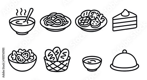 Assorted food icons - soup, pasta, waffle, cake, salad, bread, dishes