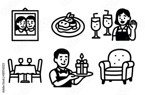 Icon set featuring dining scenes and male server holding gift