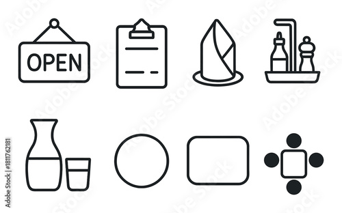 Restaurant icons: open sign, menu, napkin, condiments, carafe, plate, tray, table