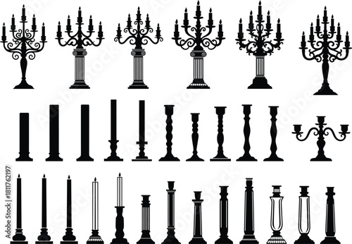 Set of twenty six antique candlestick and candelabra silhouettes featuring ornate black candle holders for vintage decoration, wedding design, and retro interior vector illustrations.
