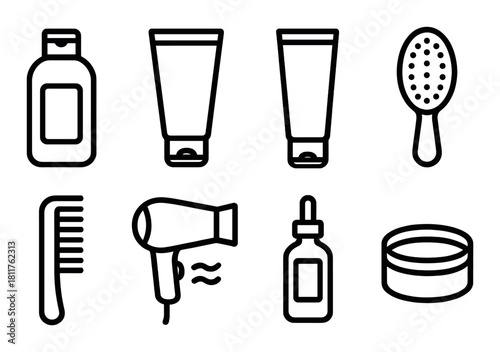 Collection of hair care items featuring bottles, tubes, and styling tools