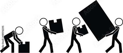 Set of vector stick figure pictograms showing movers lifting boxes and two men carrying heavy furniture for relocation delivery and logistics service concepts.