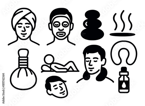 Spa and relaxation icons featuring facial masks aromatherapy and massage