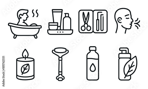 Self-care and grooming icons: bath, skincare, tools, relaxation, candle, roller