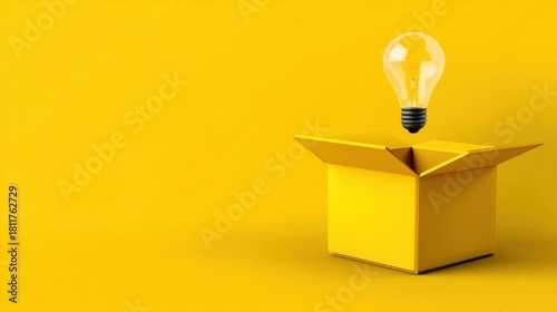 A glowing light bulb placed inside an open yellow cardboard box,